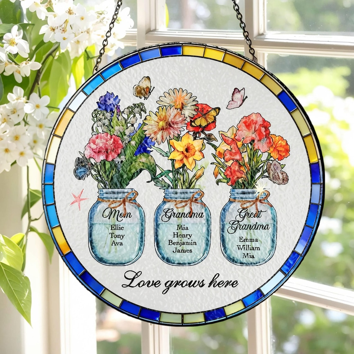 Custom Great Grandma's Garden Suncatcher, Birth Flower Stained Glass Window Decor, Mother's Day Gift, Gift from Grandkids, Grammy Present