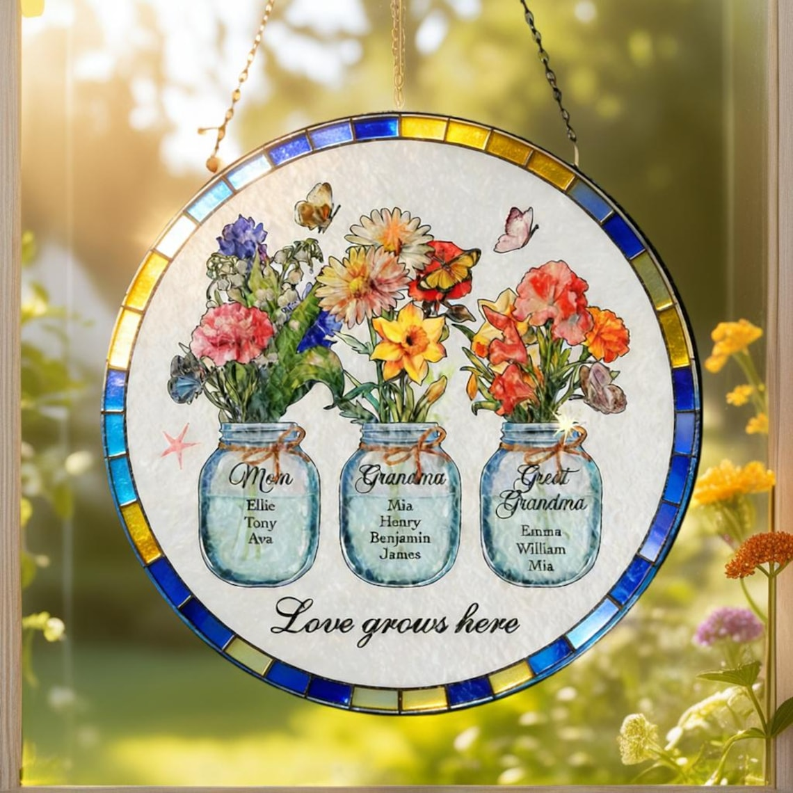 Custom Great Grandma's Garden Suncatcher, Birth Flower Stained Glass Window Decor, Mother's Day Gift, Gift from Grandkids, Grammy Present