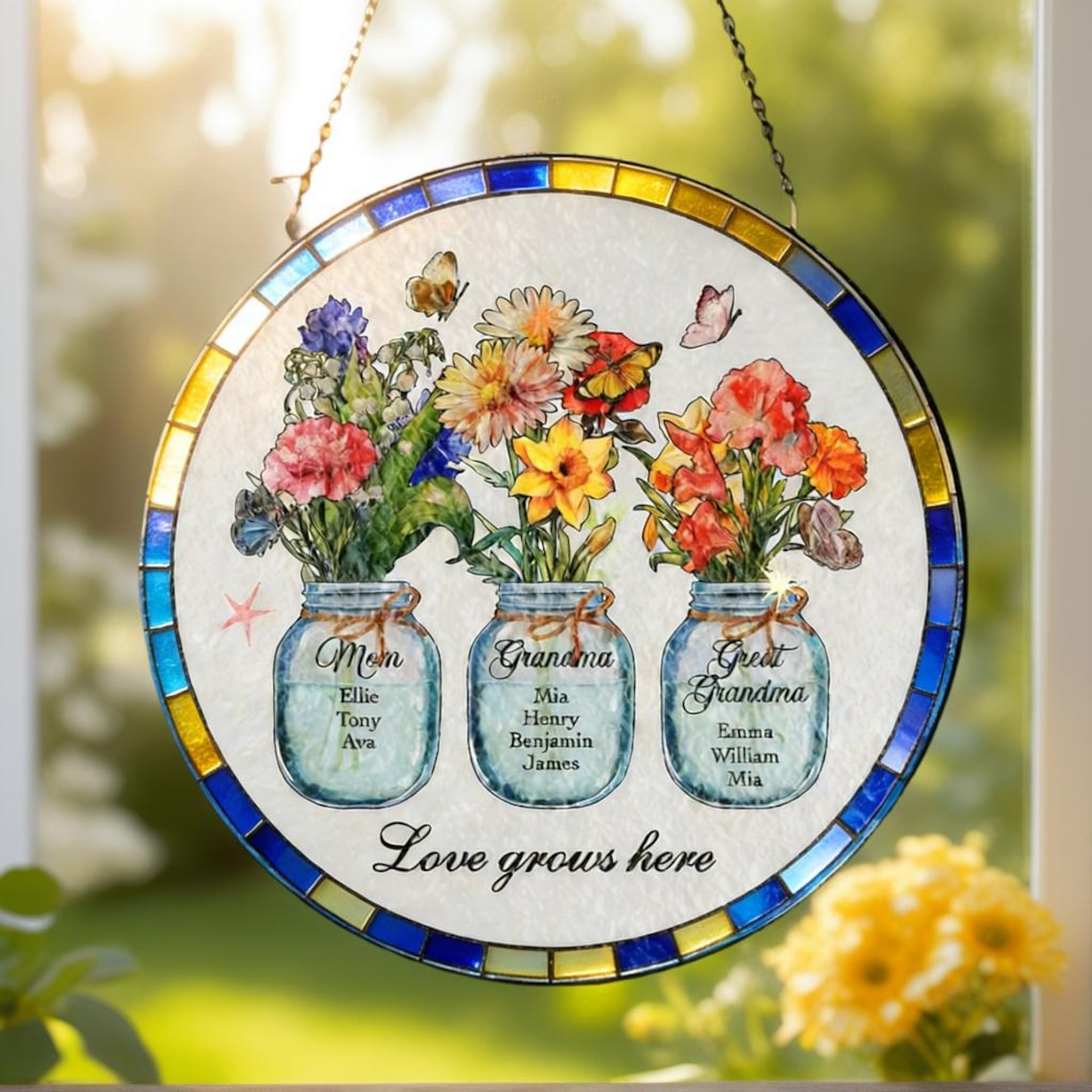 Custom Great Grandma's Garden Suncatcher, Birth Flower Stained Glass Window Decor, Mother's Day Gift, Gift from Grandkids, Grammy Present