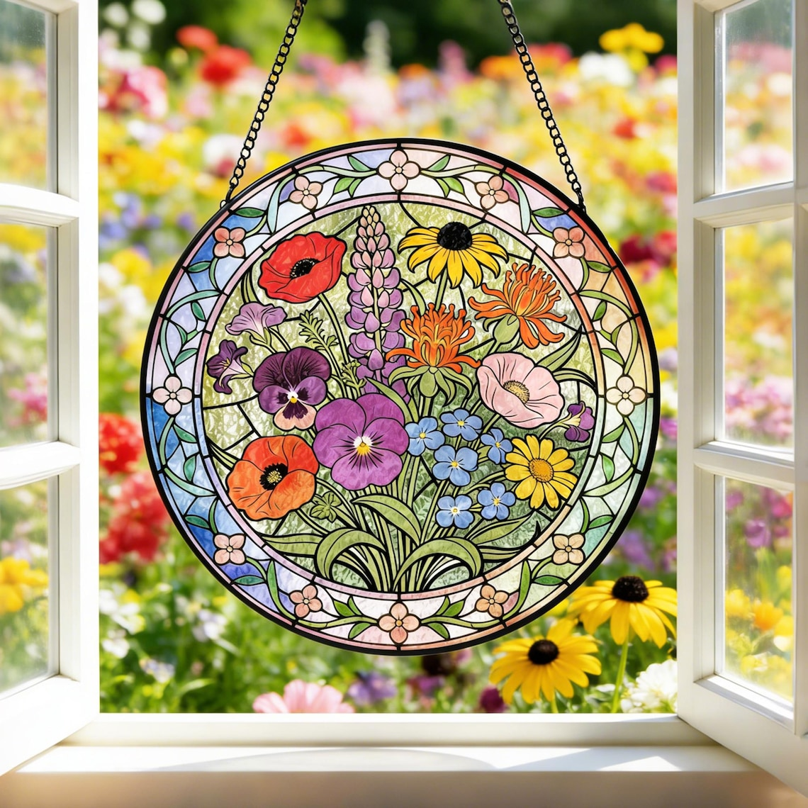 Personalized Wildflowers Stained Glass Suncatcher Custom Floral Window Hanging Flowers Garden Art Mother’s Day Gift 