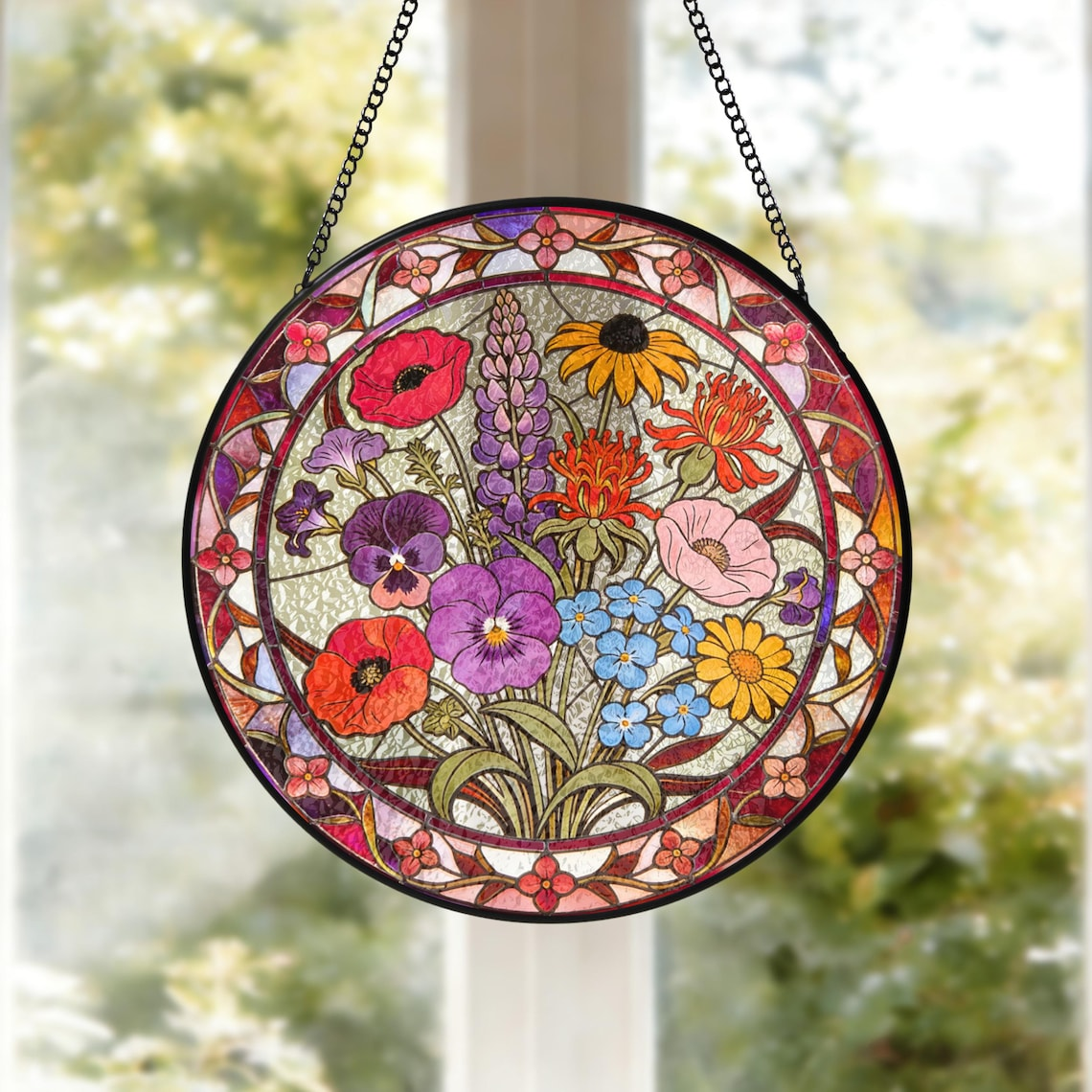 Personalized Wildflowers Stained Glass Suncatcher Custom Floral Window Hanging Flowers Garden Art Mother’s Day Gift 