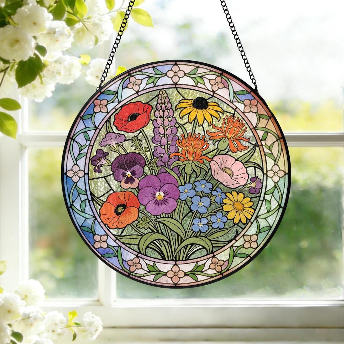 Personalized Wildflowers Stained Glass Suncatcher Custom Floral Window Hanging Flowers Garden Art Mother’s Day Gift 