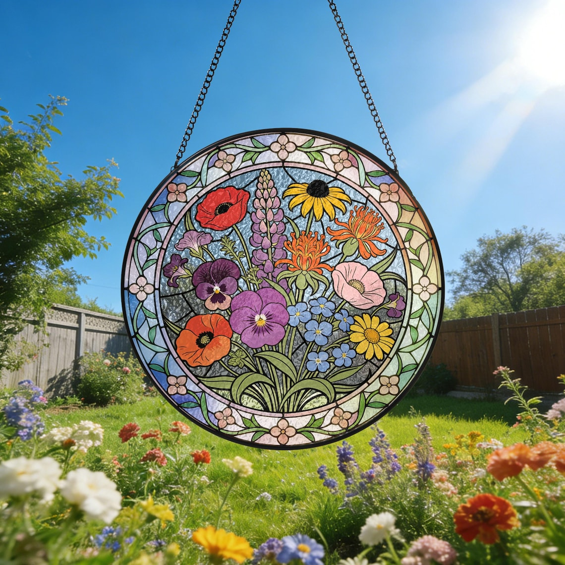 Personalized Wildflowers Stained Glass Suncatcher Custom Floral Window Hanging Flowers Garden Art Mother’s Day Gift 