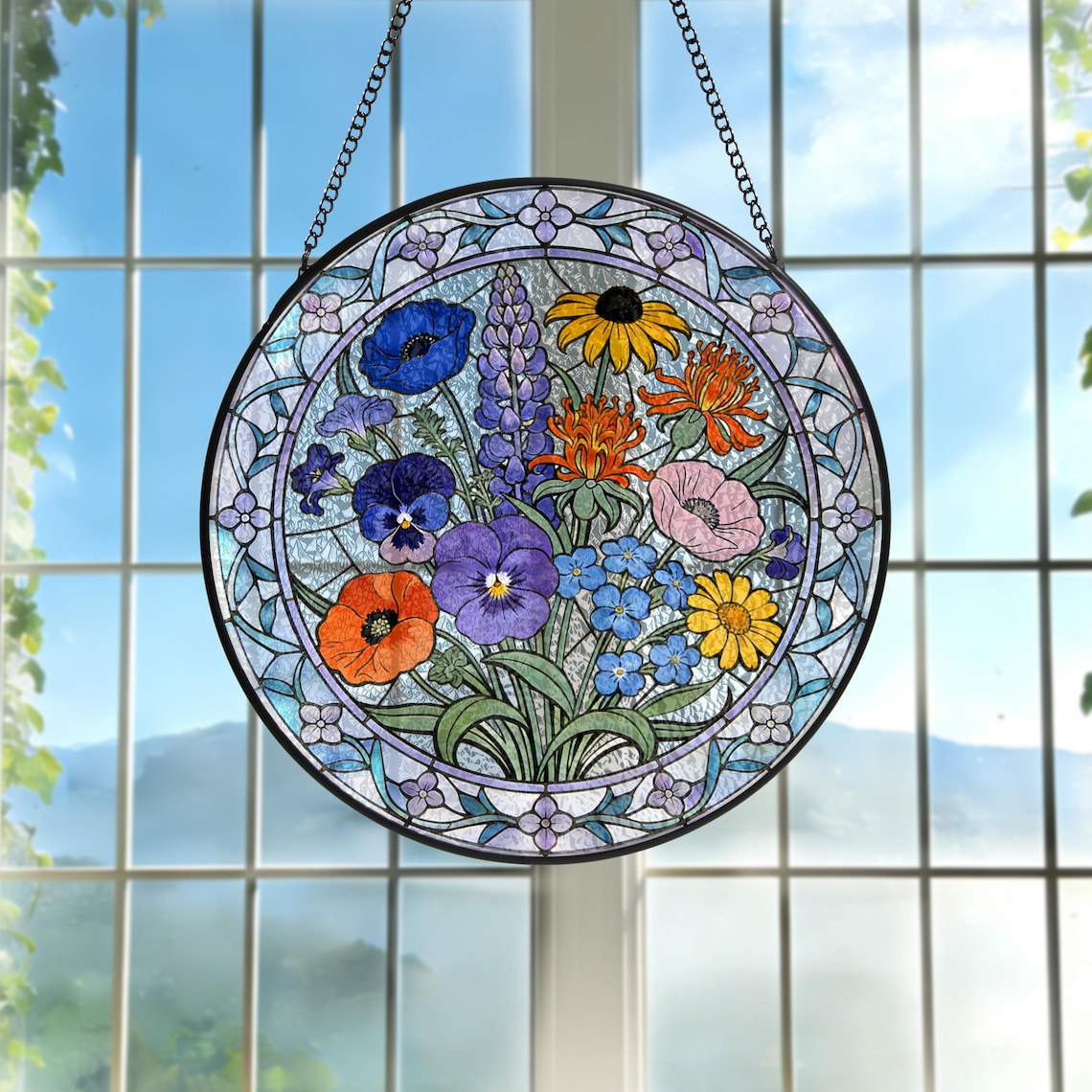 Personalized Wildflowers Stained Glass Suncatcher Custom Floral Window Hanging Flowers Garden Art Mother’s Day Gift 