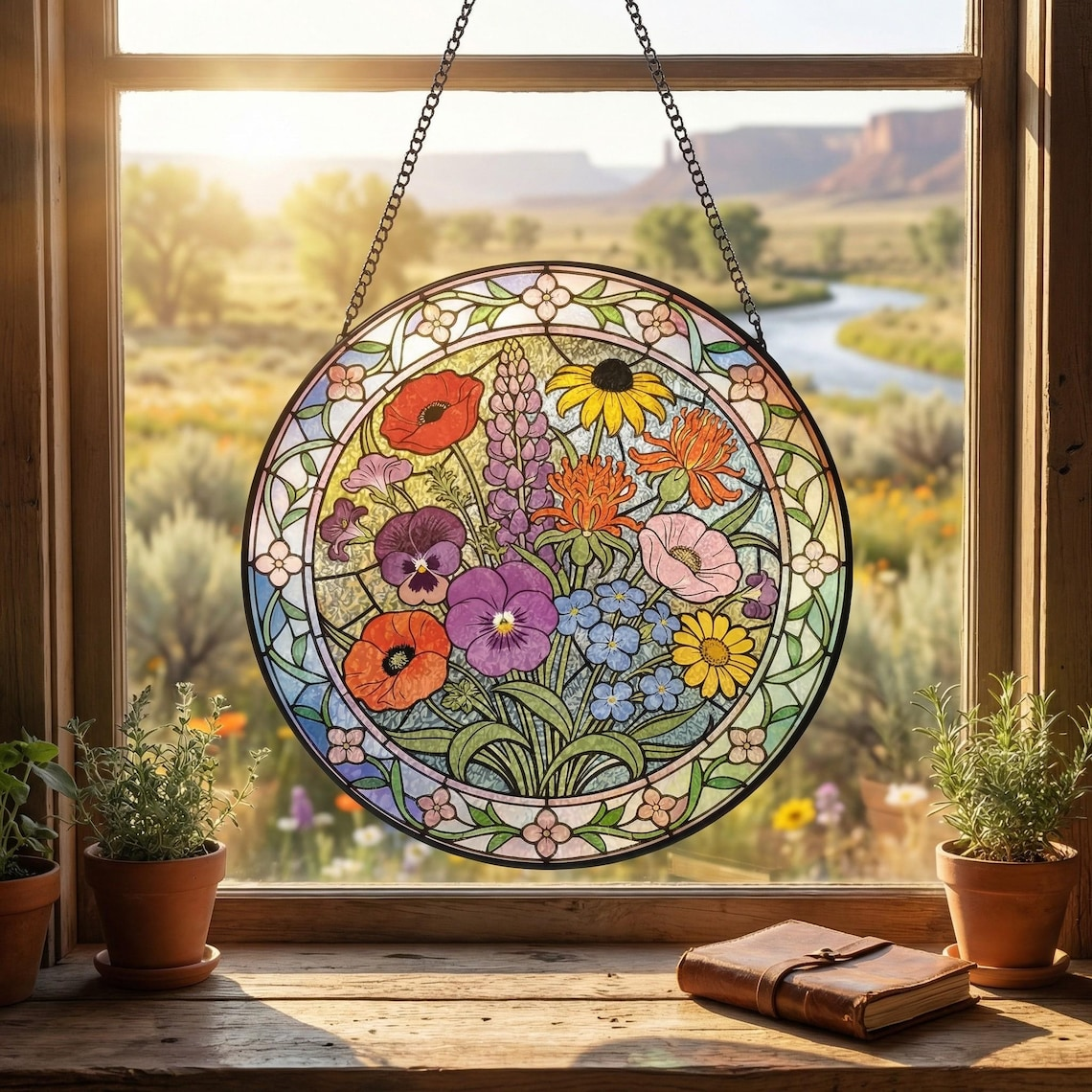Personalized Wildflowers Stained Glass Suncatcher Custom Floral Window Hanging Flowers Garden Art Mother’s Day Gift 