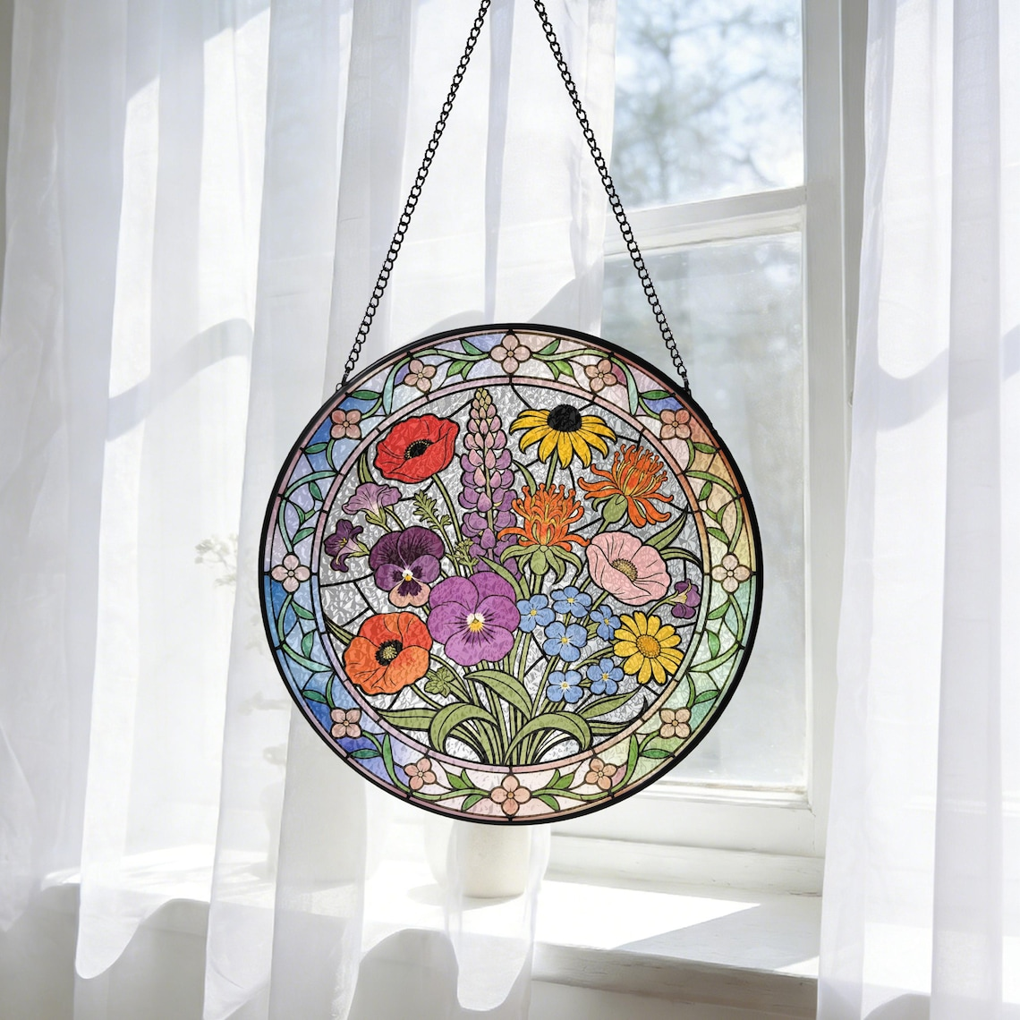 Personalized Wildflowers Stained Glass Suncatcher Custom Floral Window Hanging Flowers Garden Art Mother’s Day Gift 