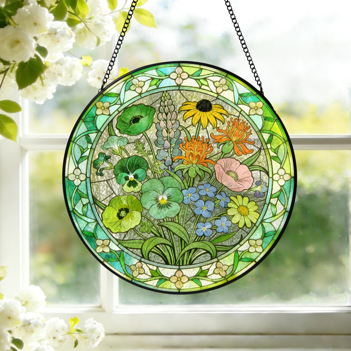 Personalized Wildflowers Stained Glass Suncatcher Custom Floral Window Hanging Flowers Garden Art Mother’s Day Gift 