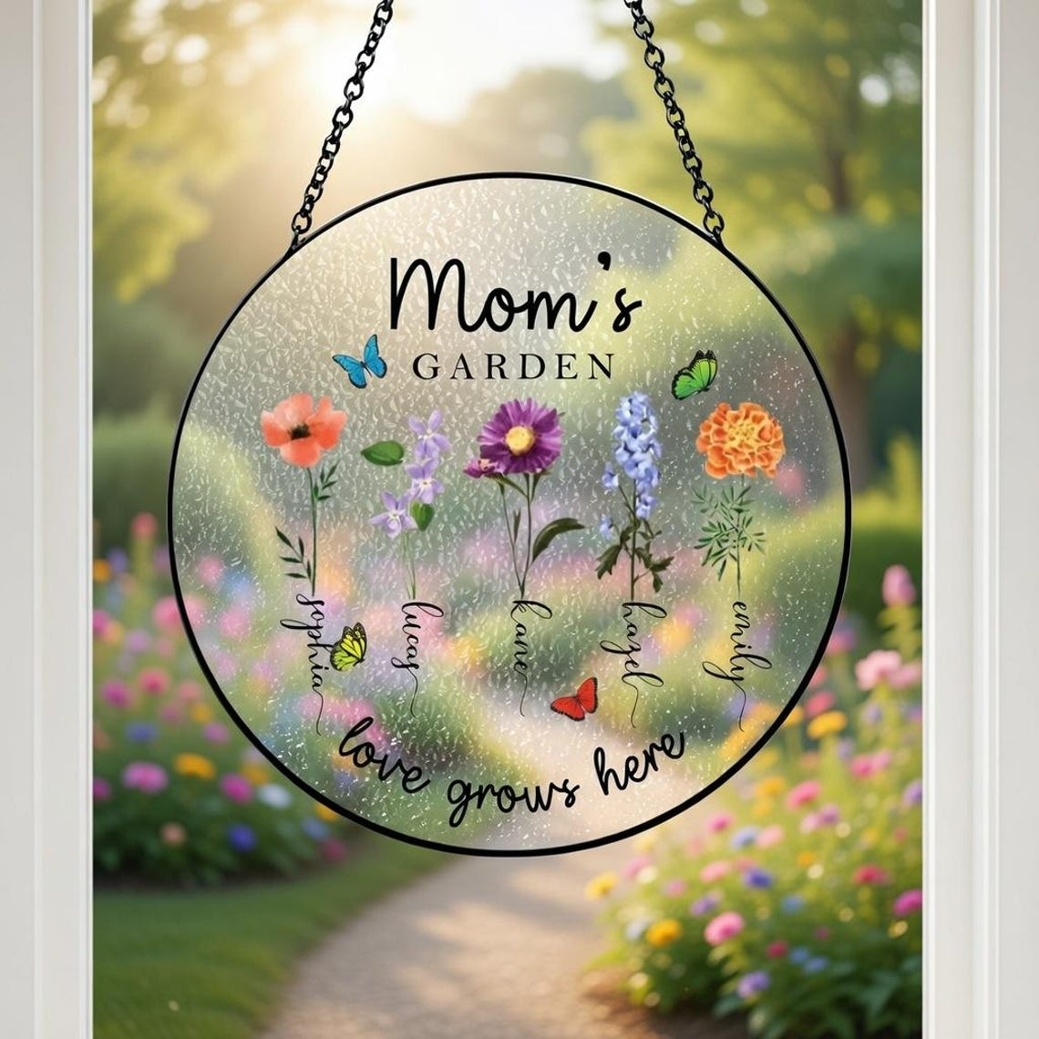 Personalized Grandmas Garden Stained Glass, Custom Grandma Love Grows Here Suncatcher, Birth Month Flowers Stained Glass, Mothers Day Gift