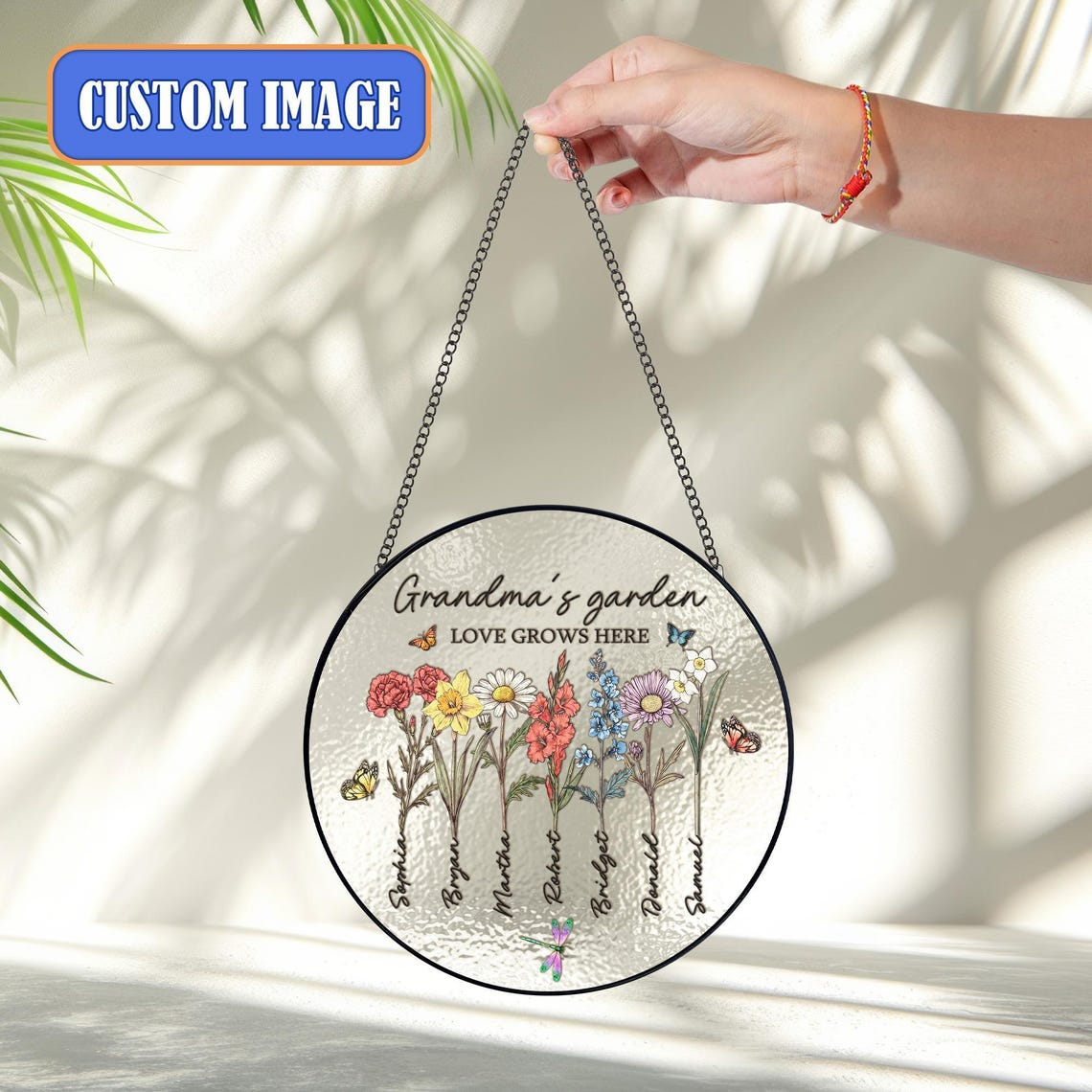 Personalized Grandmas Garden Stained Glass, Custom Grandma Love Grows Here Suncatcher, Birth Month Flowers With Names Gift, Mothers Day Gift