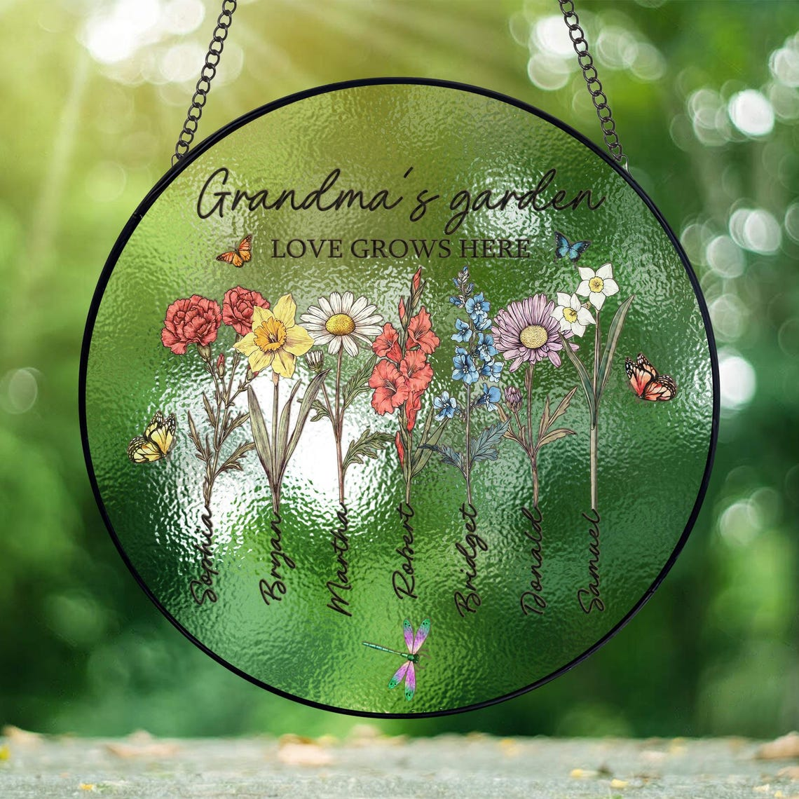 Personalized Grandmas Garden Stained Glass, Custom Grandma Love Grows Here Suncatcher, Birth Month Flowers With Names Gift, Mothers Day Gift