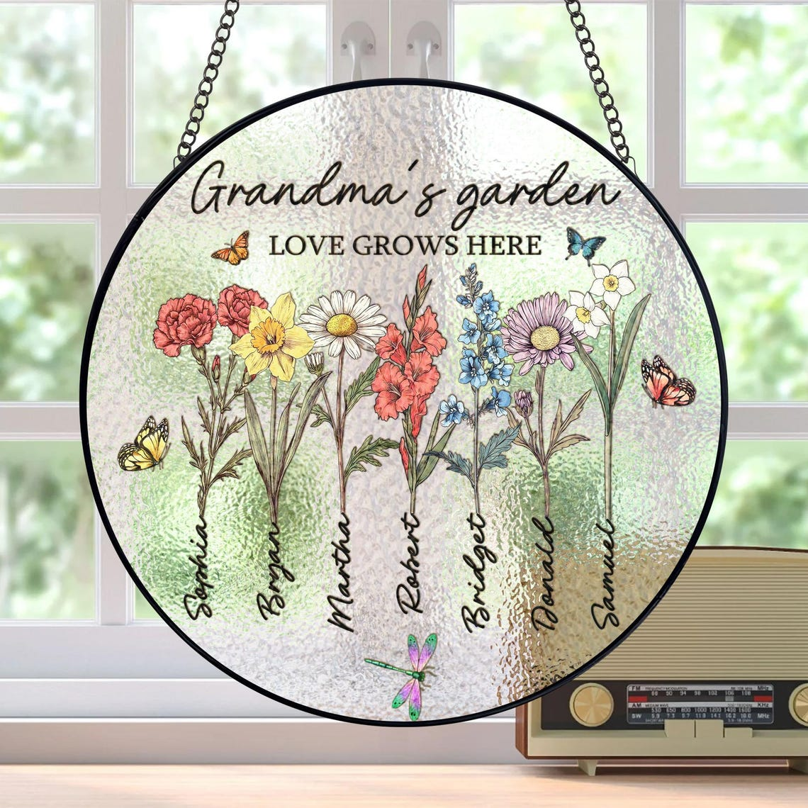 Personalized Grandmas Garden Stained Glass, Custom Grandma Love Grows Here Suncatcher, Birth Month Flowers With Names Gift, Mothers Day Gift