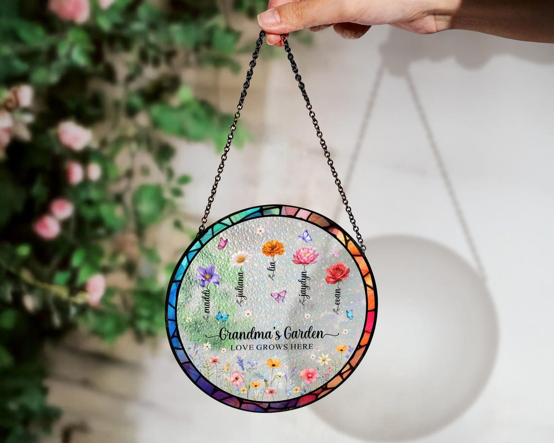 Personalized Birth Flower Suncatcher Grandma's Garden Stained Glass Ornament
