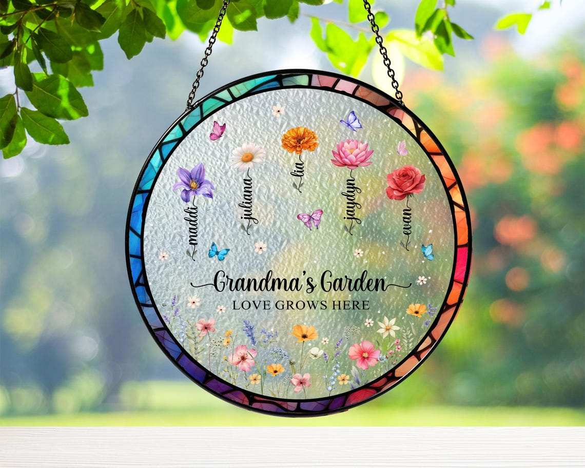 Personalized Birth Flower Suncatcher Grandma's Garden Stained Glass Ornament