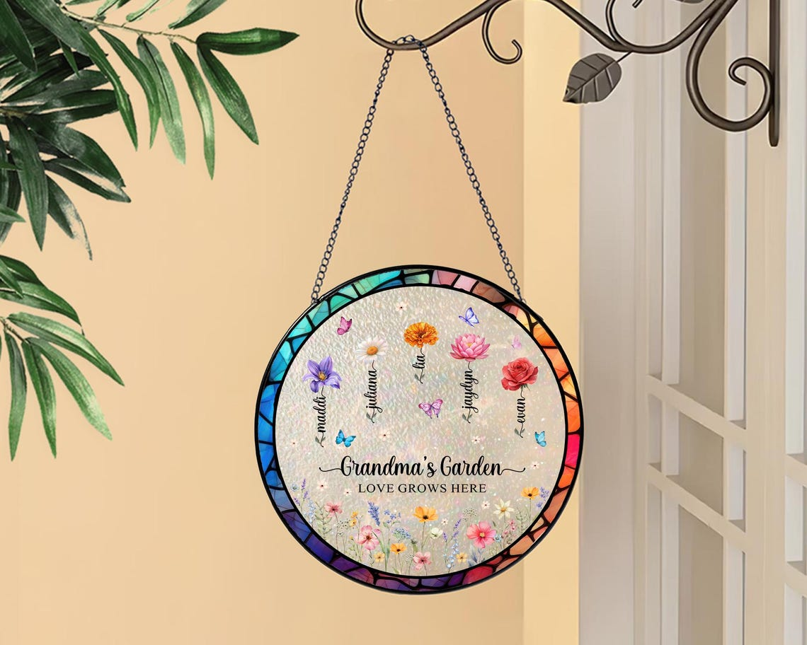 Personalized Birth Flower Suncatcher Grandma's Garden Stained Glass Ornament