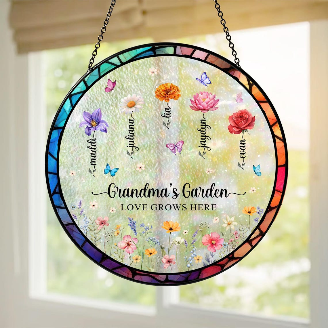 Personalized Birth Flower Suncatcher Grandma's Garden Stained Glass Ornament