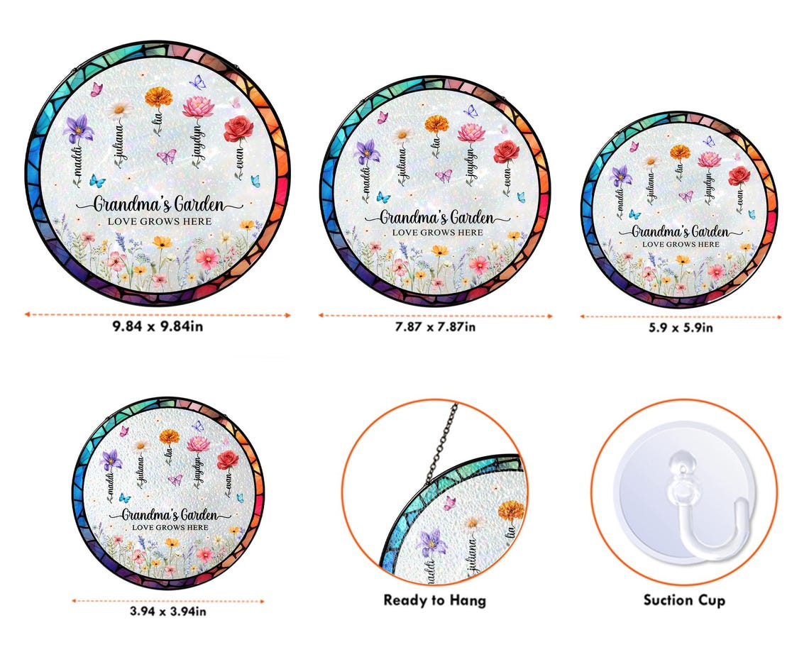 Personalized Birth Flower Suncatcher Grandma's Garden Stained Glass Ornament