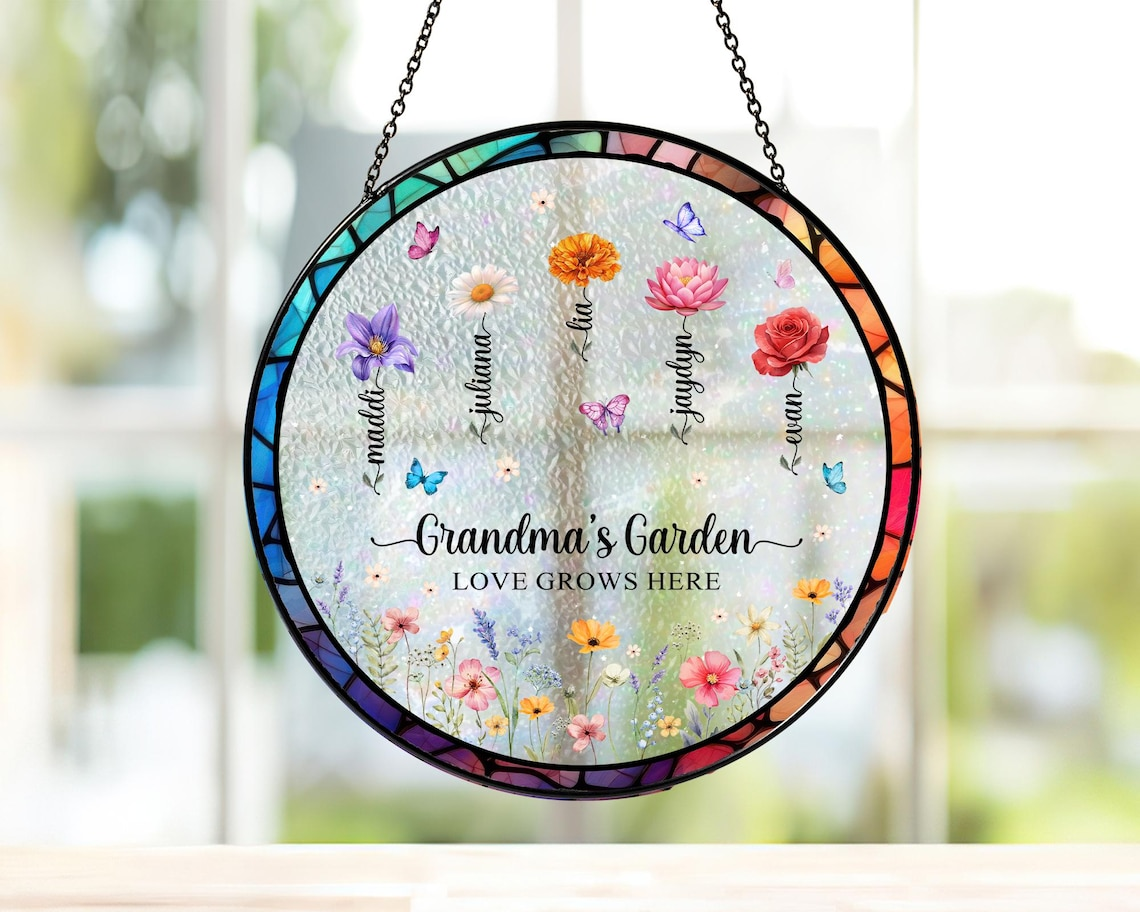 Personalized Birth Flower Suncatcher Grandma's Garden Stained Glass Ornament