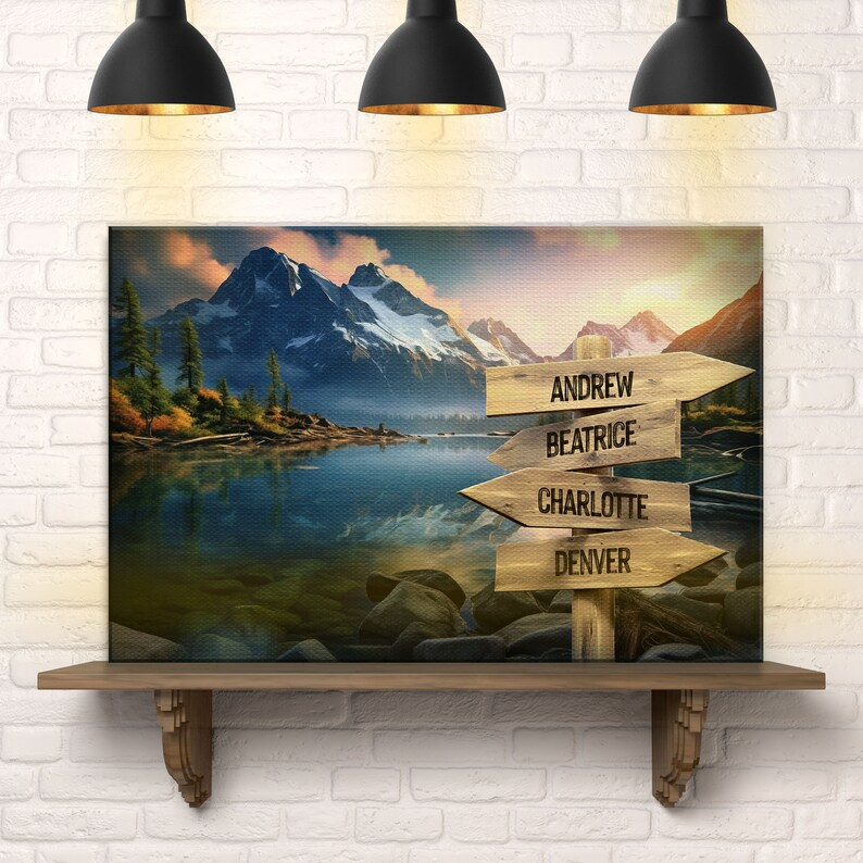Personalized Canvas Art, Custom Family Name Sign, Lake Mountain Design, Multi-Names
