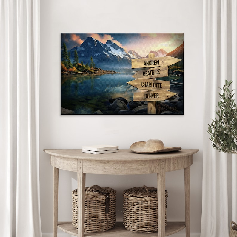 Personalized Canvas Art, Custom Family Name Sign, Lake Mountain Design, Multi-Names