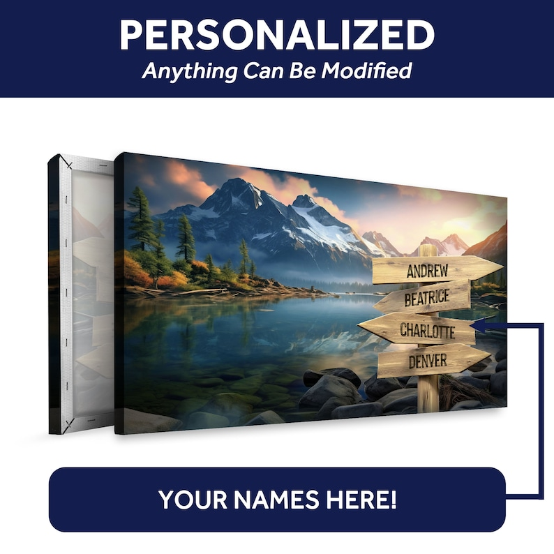 Personalized Canvas Art, Custom Family Name Sign, Lake Mountain Design, Multi-Names