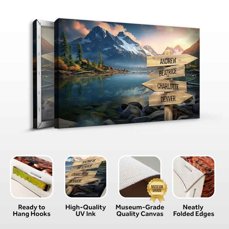 Personalized Canvas Art, Custom Family Name Sign, Lake Mountain Design, Multi-Names