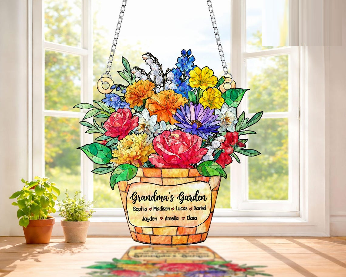 Personalized Grandma's Garden Acrylic Suncatcher, Custom Birth Month Flower Window Hanging, Mother's Day Gift, Grandma Gifts