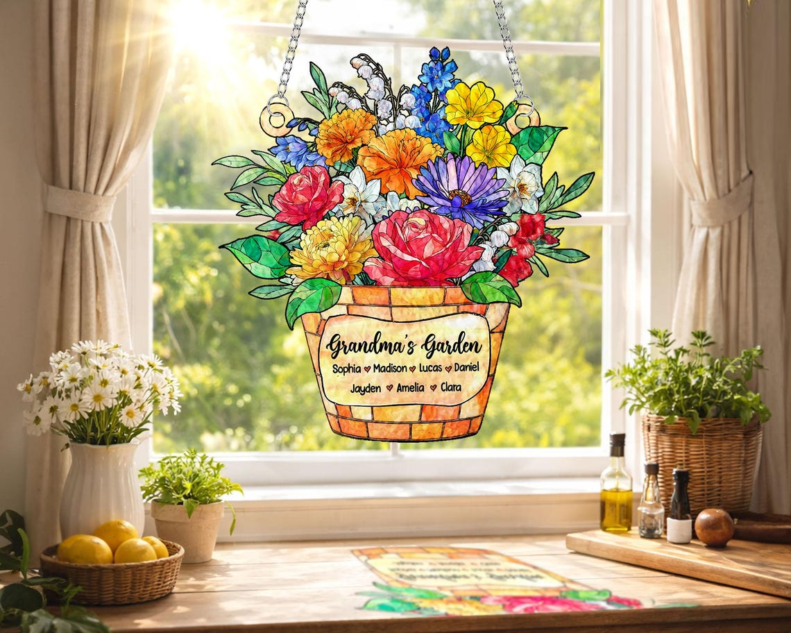Personalized Grandma's Garden Acrylic Suncatcher, Custom Birth Month Flower Window Hanging, Mother's Day Gift, Grandma Gifts