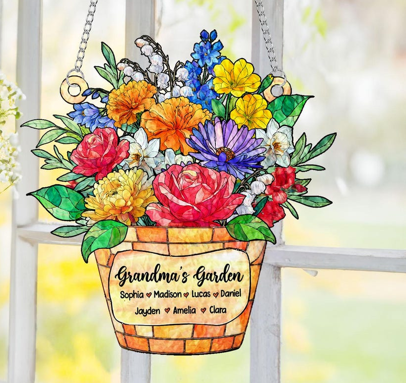 Personalized Grandma's Garden Acrylic Suncatcher, Custom Birth Month Flower Window Hanging, Mother's Day Gift, Grandma Gifts