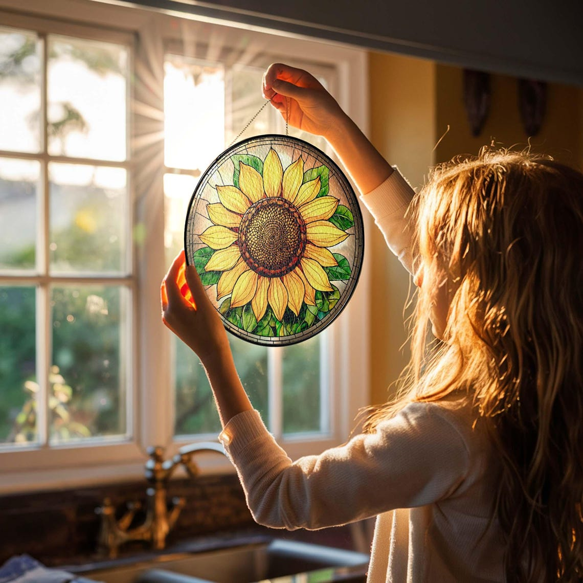 Sunflower Glass Suncatcher Floral Pendant Window Hanging, Sunflower Glass Mother's Day Gift Window Decor, Sunflower Suncatcher, Grandma Gift