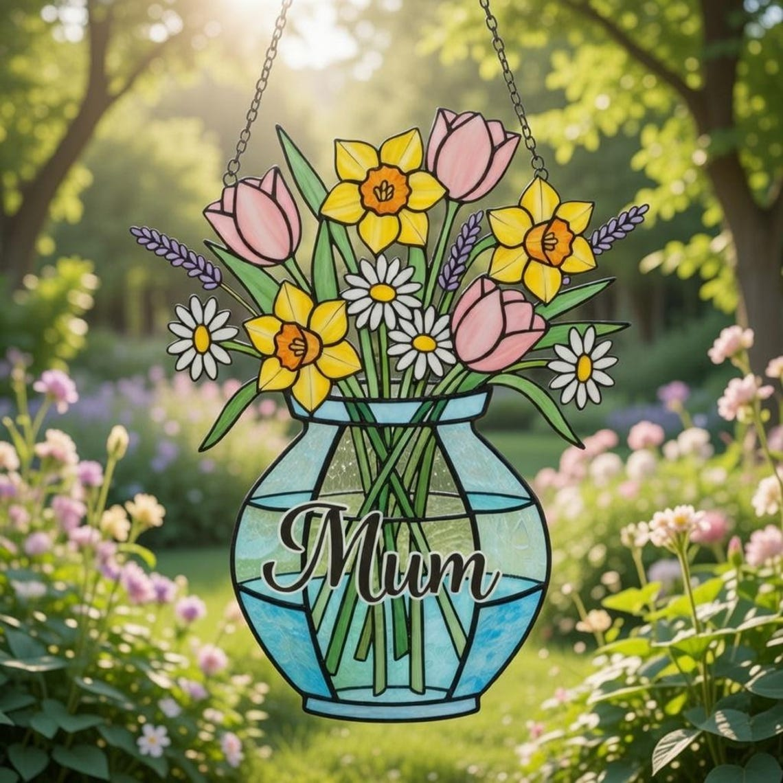 Personalized Birth Flower Acrylic Suncatcher for Mum, Stained Glass Style Floral Vase Window Hanging, Mother’s Day Gift