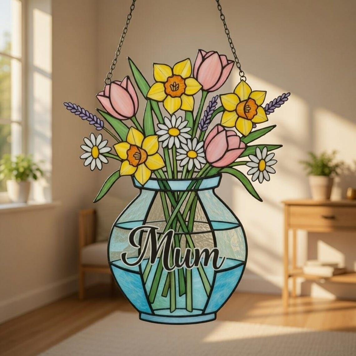 Personalized Birth Flower Acrylic Suncatcher for Mum, Stained Glass Style Floral Vase Window Hanging, Mother’s Day Gift