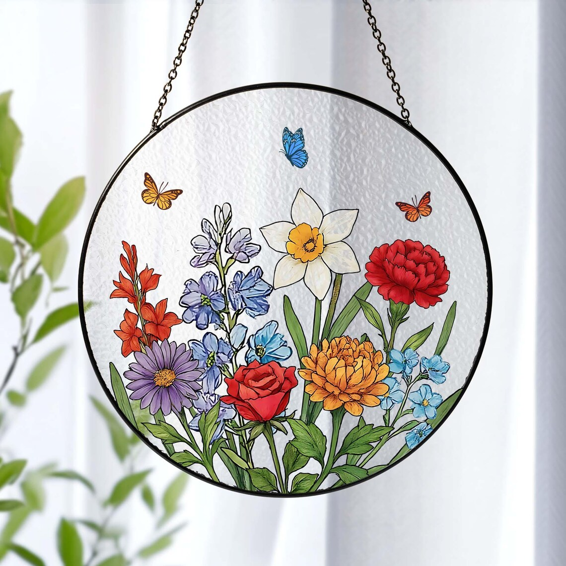 Custom Family Birth Flowers Glass Suncatcher Mother's Day Gift, Grandma's Garden Flower Glass Art, Birth Flower Housewarming Gift Home Decor