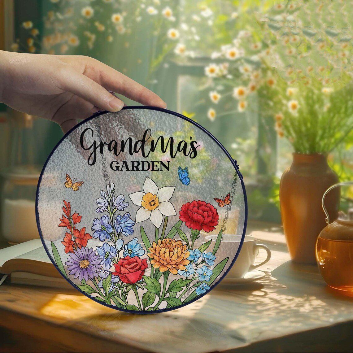 Custom Family Birth Flowers Glass Suncatcher Mother's Day Gift, Grandma's Garden Flower Glass Art, Birth Flower Housewarming Gift Home Decor