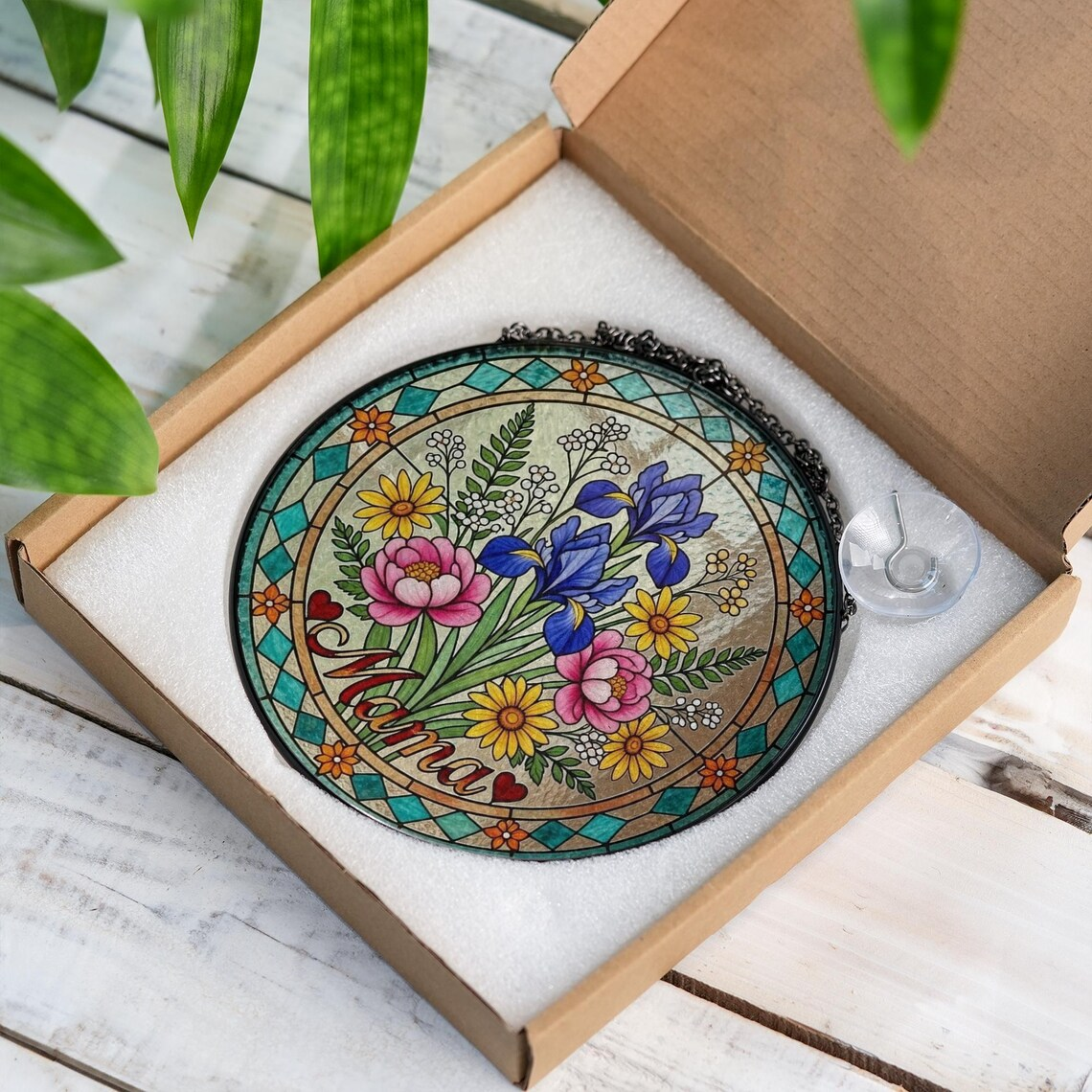 Personalized Mama Garden Memorial Stained Glass Suncatcher – Birth Flower Acrylic Window Hanging – Mother’s Day Gift, Memorial Gift