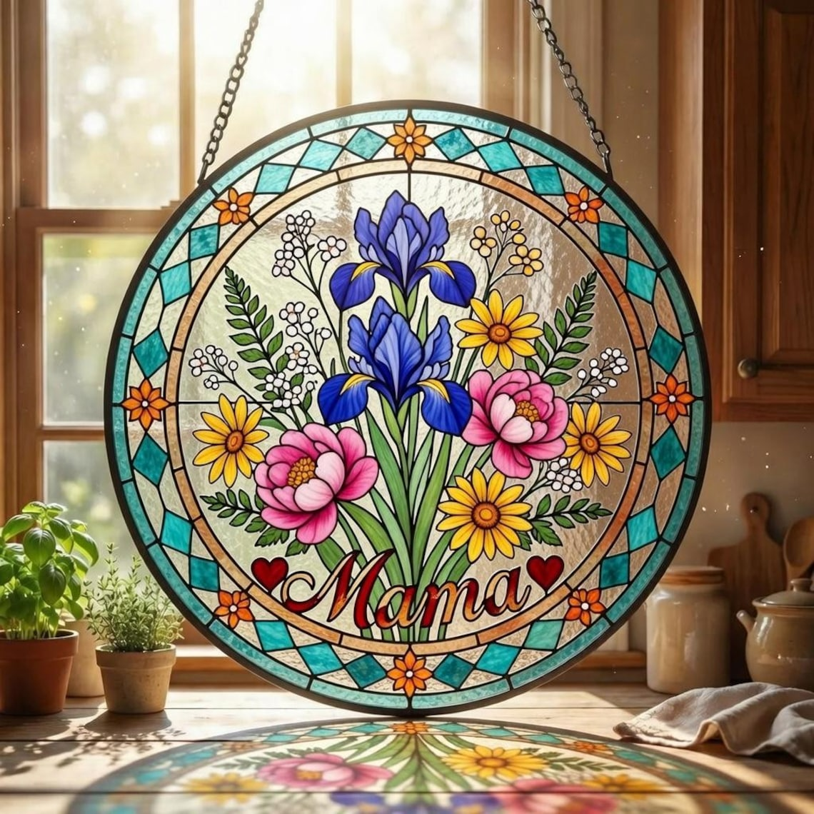 Personalized Mama Garden Memorial Stained Glass Suncatcher – Birth Flower Acrylic Window Hanging – Mother’s Day Gift, Memorial Gift