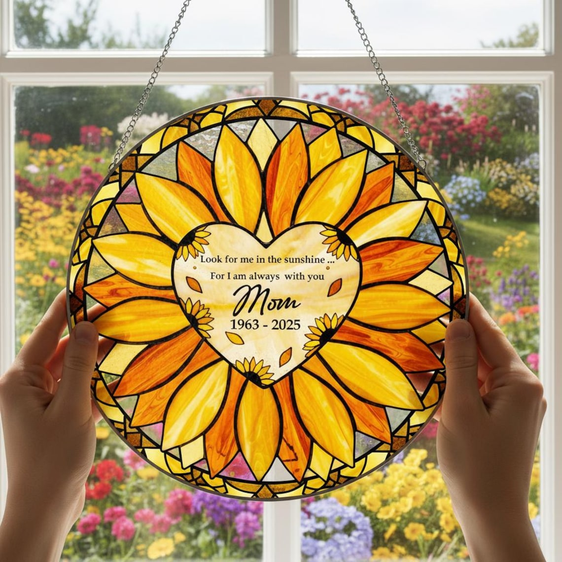 Personalized Sunflower Glass Suncatcher, Custom Mom Memorial Window Hanging with Heart