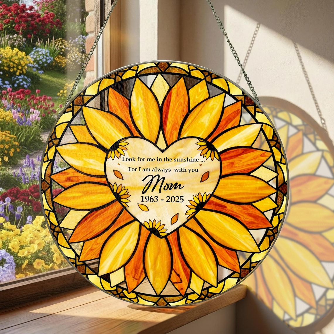 Personalized Sunflower Glass Suncatcher, Custom Mom Memorial Window Hanging with Heart