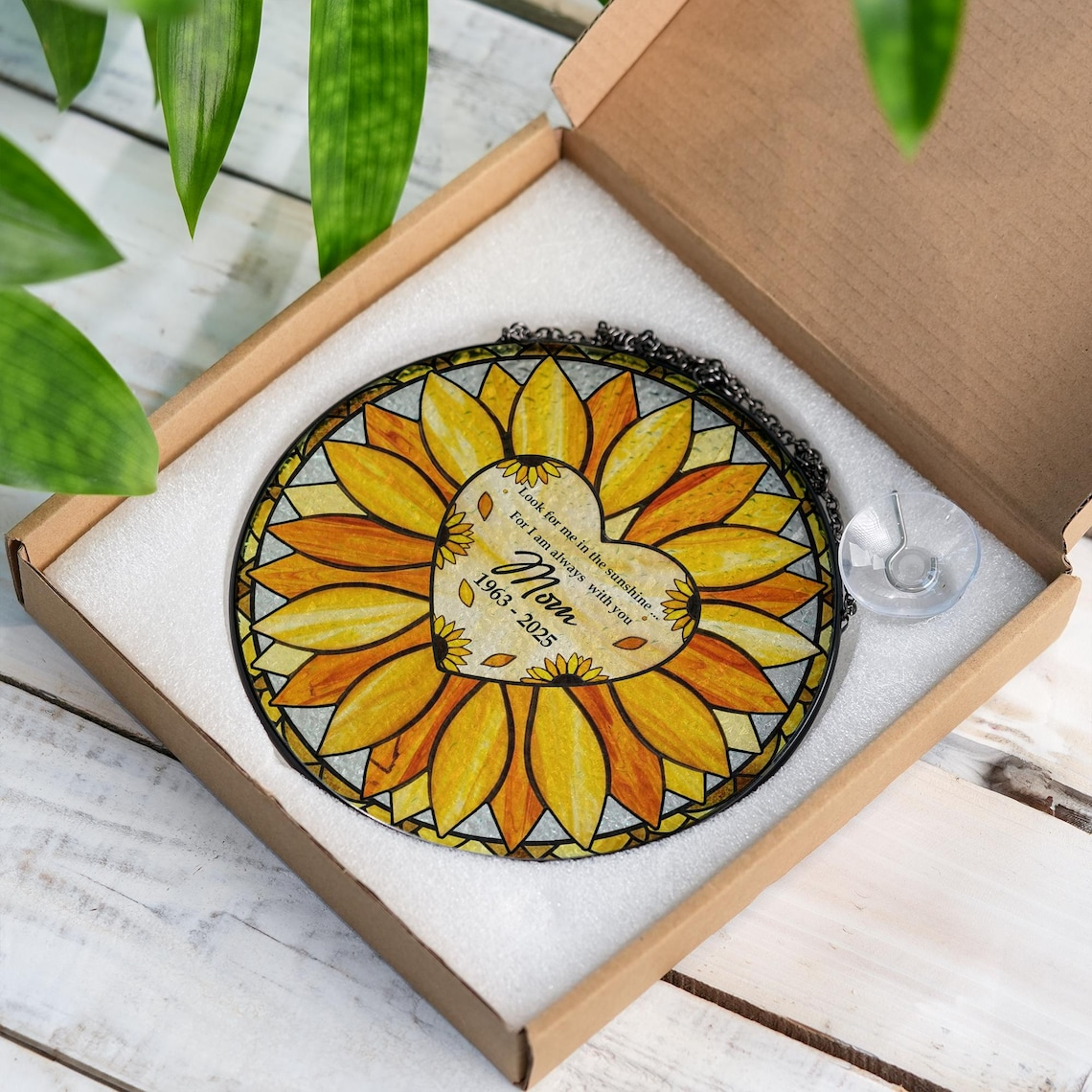 Personalized Sunflower Glass Suncatcher, Custom Mom Memorial Window Hanging with Heart