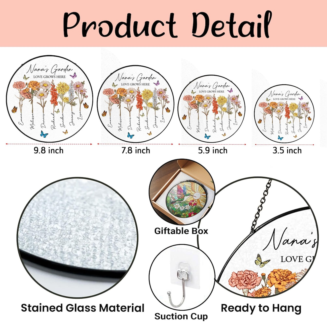 Personalized Grandmas Garden Suncatcher, Mother's Day Gifts For Nana, Grandmother, Grandma Birthday Gift