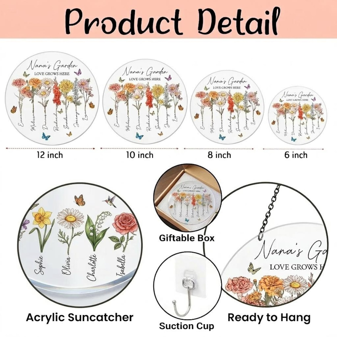 Personalized Grandmas Garden Suncatcher, Mother's Day Gifts For Nana, Grandmother, Grandma Birthday Gift