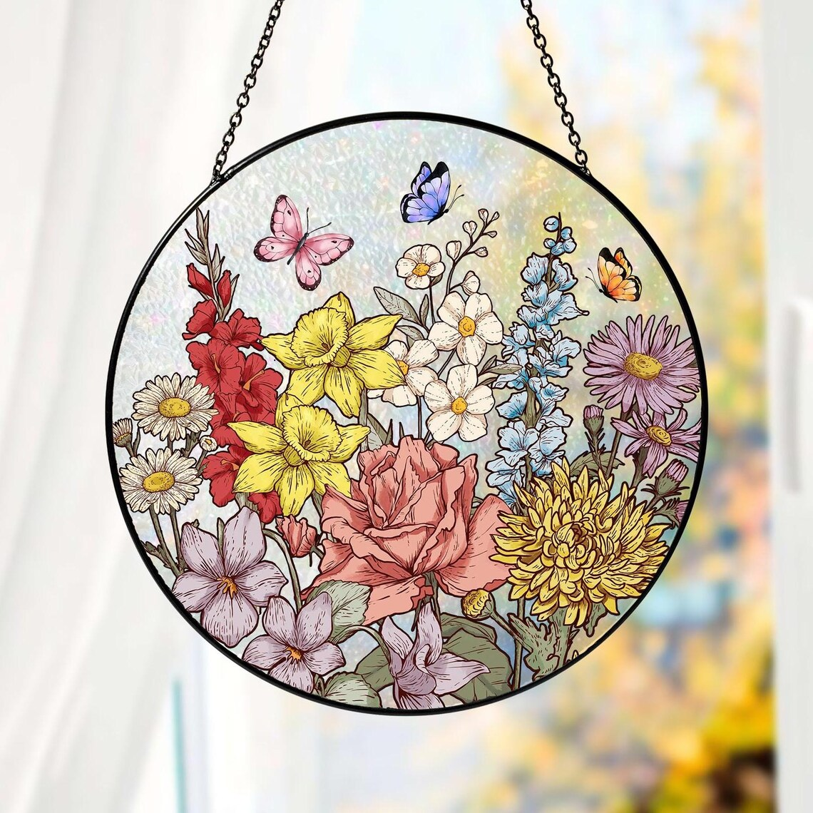 Personalized Birth Flower Glass catcher, Custom Stained Glass Gift for Mom, Mother’s Day Keepsake, Grandma Birth Month Flower Ornament