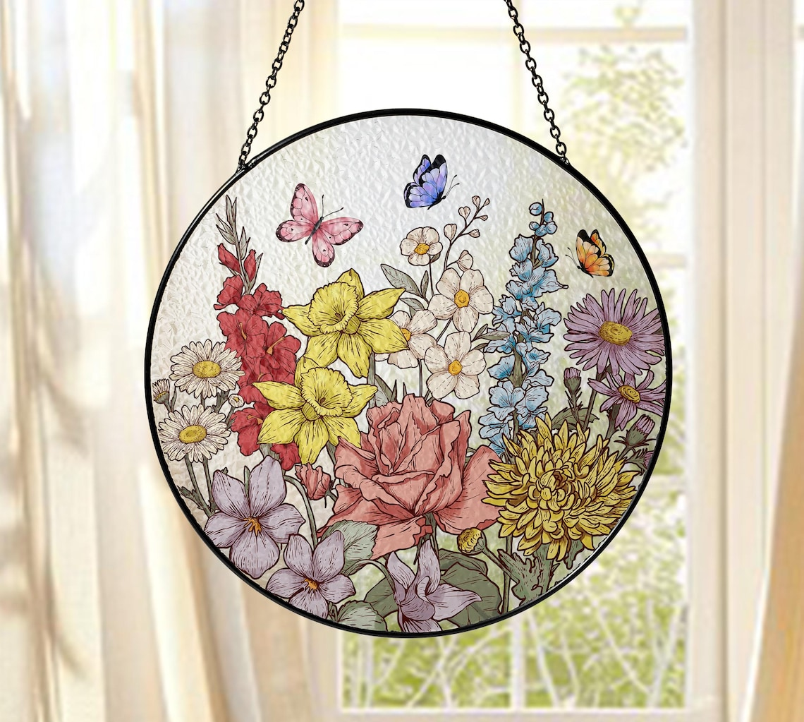 Personalized Birth Flower Glass catcher, Custom Stained Glass Gift for Mom, Mother’s Day Keepsake, Grandma Birth Month Flower Ornament