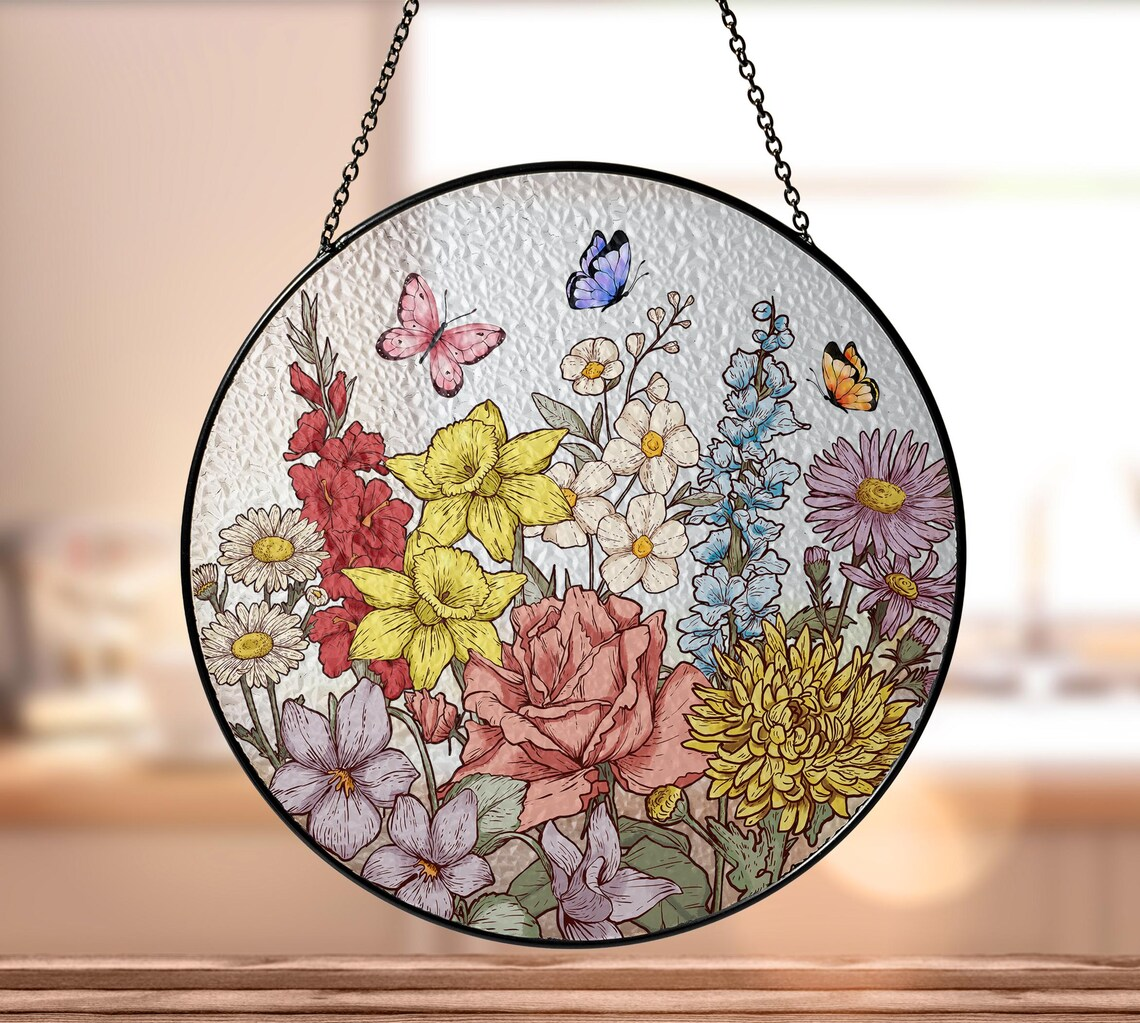Personalized Birth Flower Glass catcher, Custom Stained Glass Gift for Mom, Mother’s Day Keepsake, Grandma Birth Month Flower Ornament