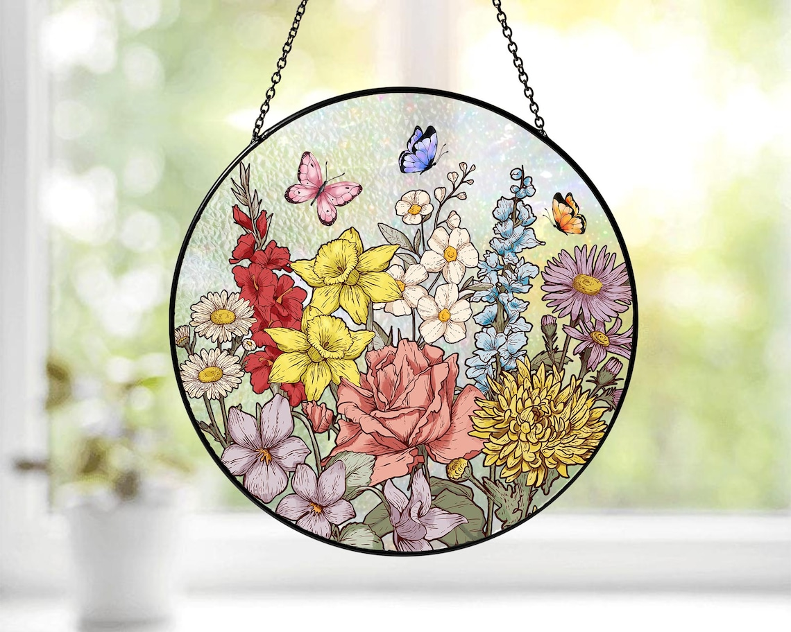 Personalized Birth Flower Glass catcher, Custom Stained Glass Gift for Mom, Mother’s Day Keepsake, Grandma Birth Month Flower Ornament