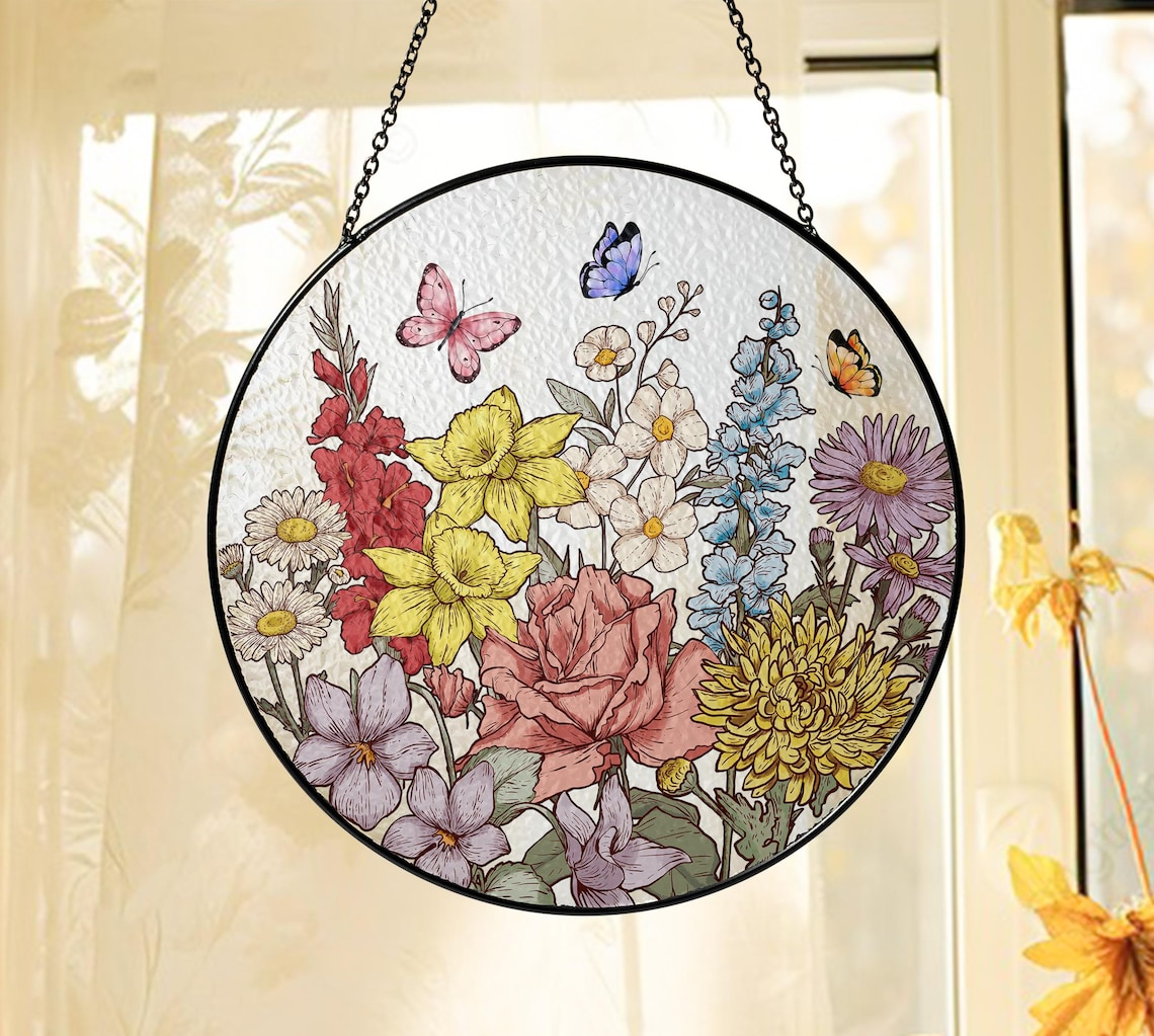 Personalized Birth Flower Glass catcher, Custom Stained Glass Gift for Mom, Mother’s Day Keepsake, Grandma Birth Month Flower Ornament