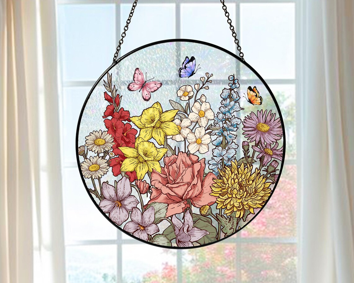 Personalized Birth Flower Glass catcher, Custom Stained Glass Gift for Mom, Mother’s Day Keepsake, Grandma Birth Month Flower Ornament