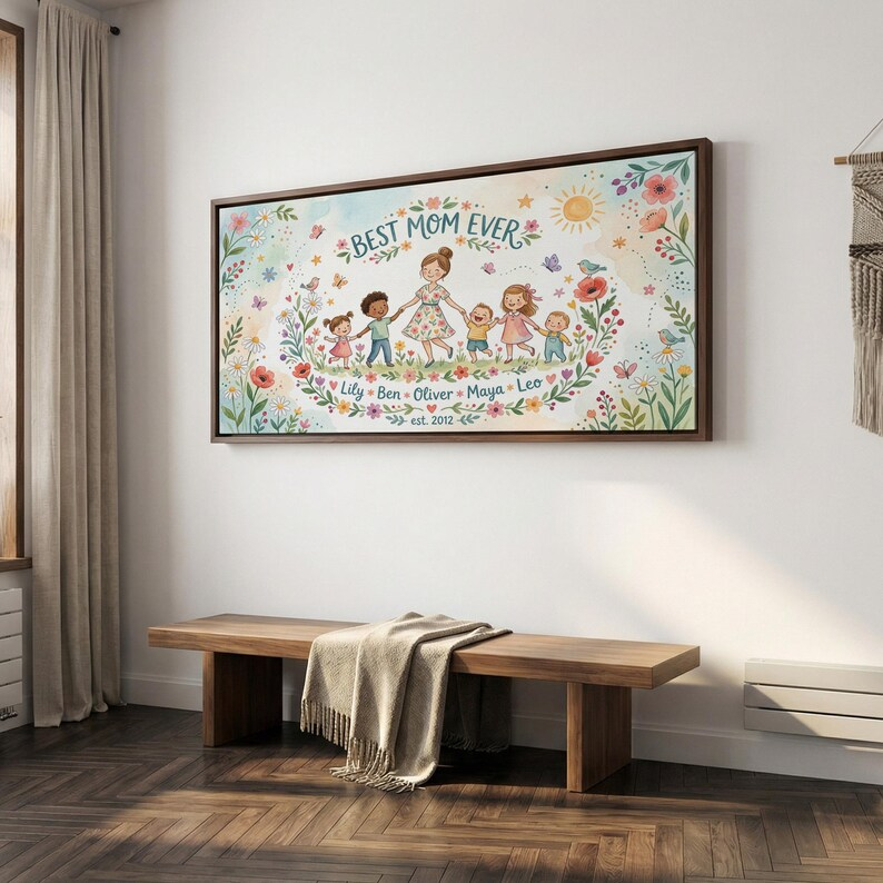 Wildflower Mom Keepsake Name Sign, Framed Canvas Print, Personalized Mother's Day Art, Gift for Mothers Day