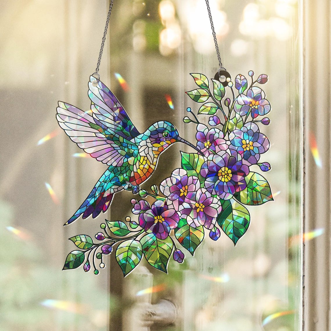 Hologram Hummingbird Suncatcher Violet Floral Acrylic Window Hanging