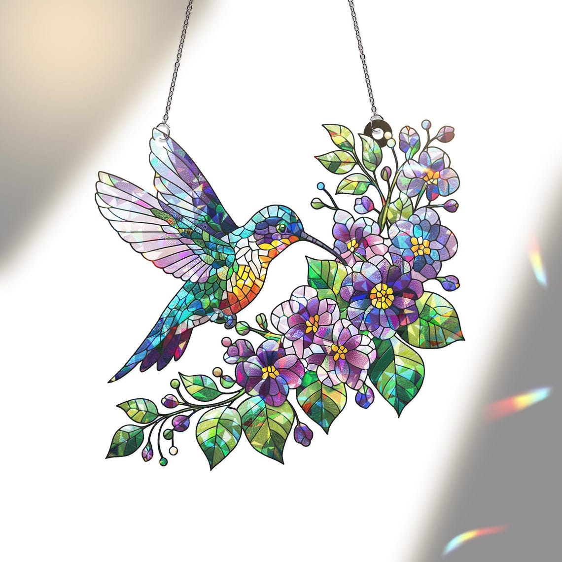 Hologram Hummingbird Suncatcher Violet Floral Acrylic Window Hanging
