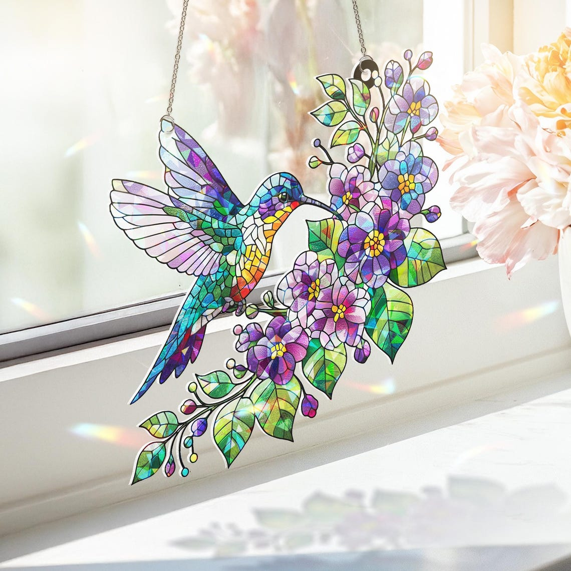 Hologram Hummingbird Suncatcher Violet Floral Acrylic Window Hanging